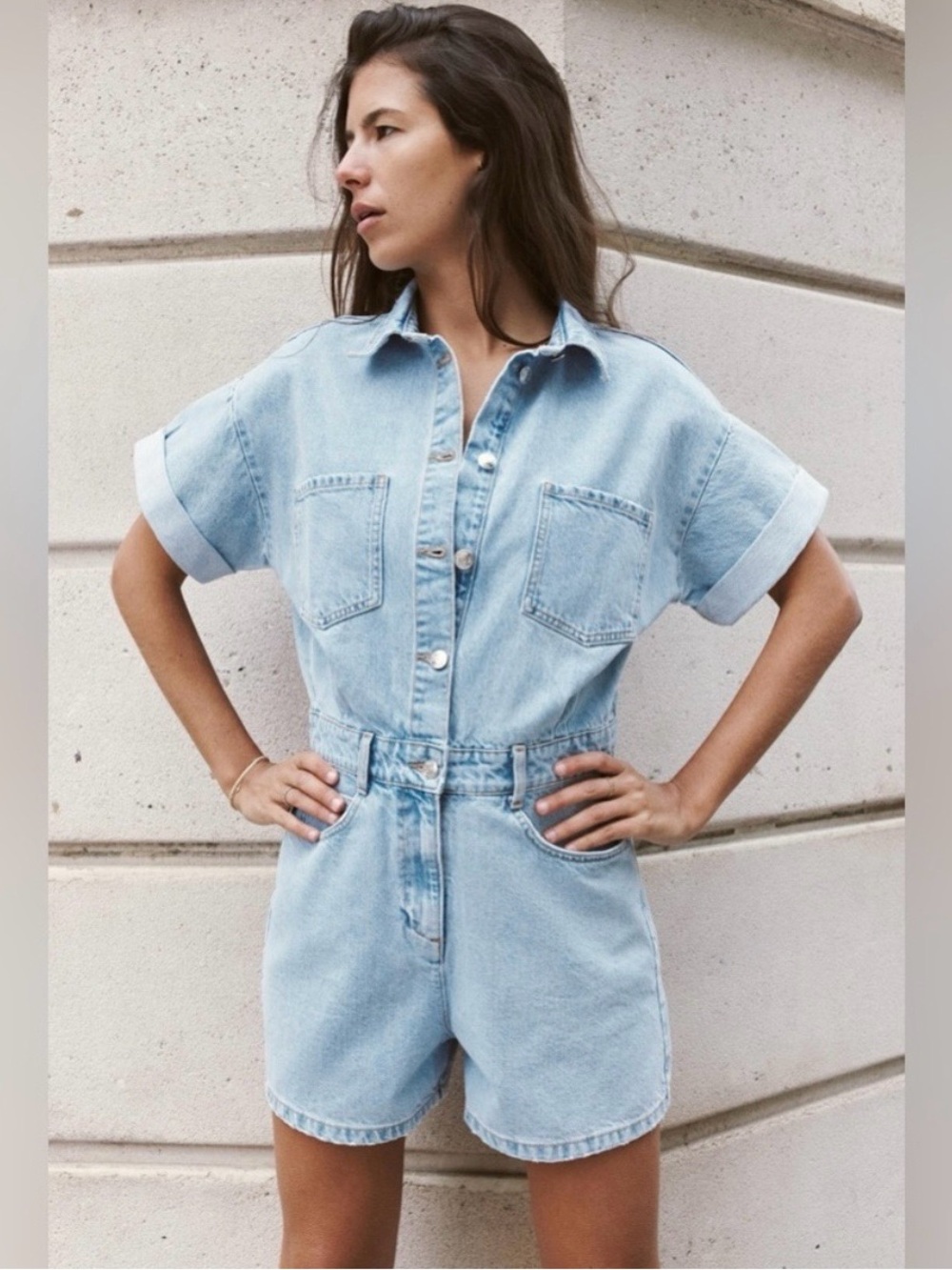 Light wash denim romper